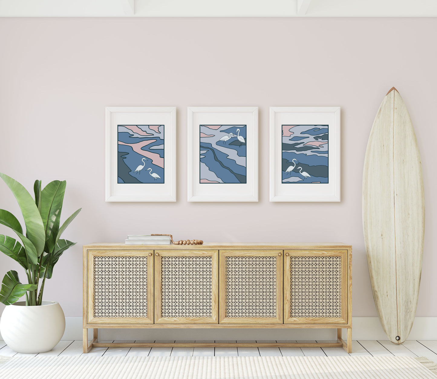Egret Series Giclée Art Prints shown in an entry way.