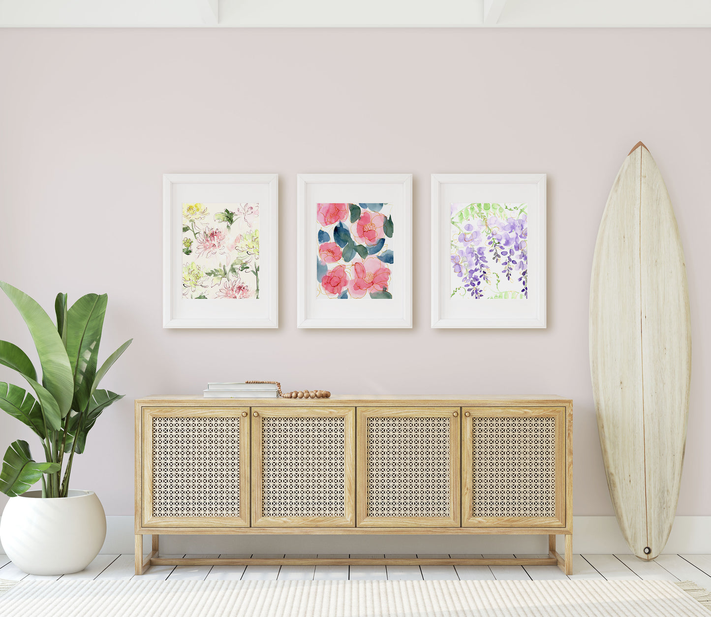 Floral Watercolor Studies Giclée Art Prints shown in an entry way.