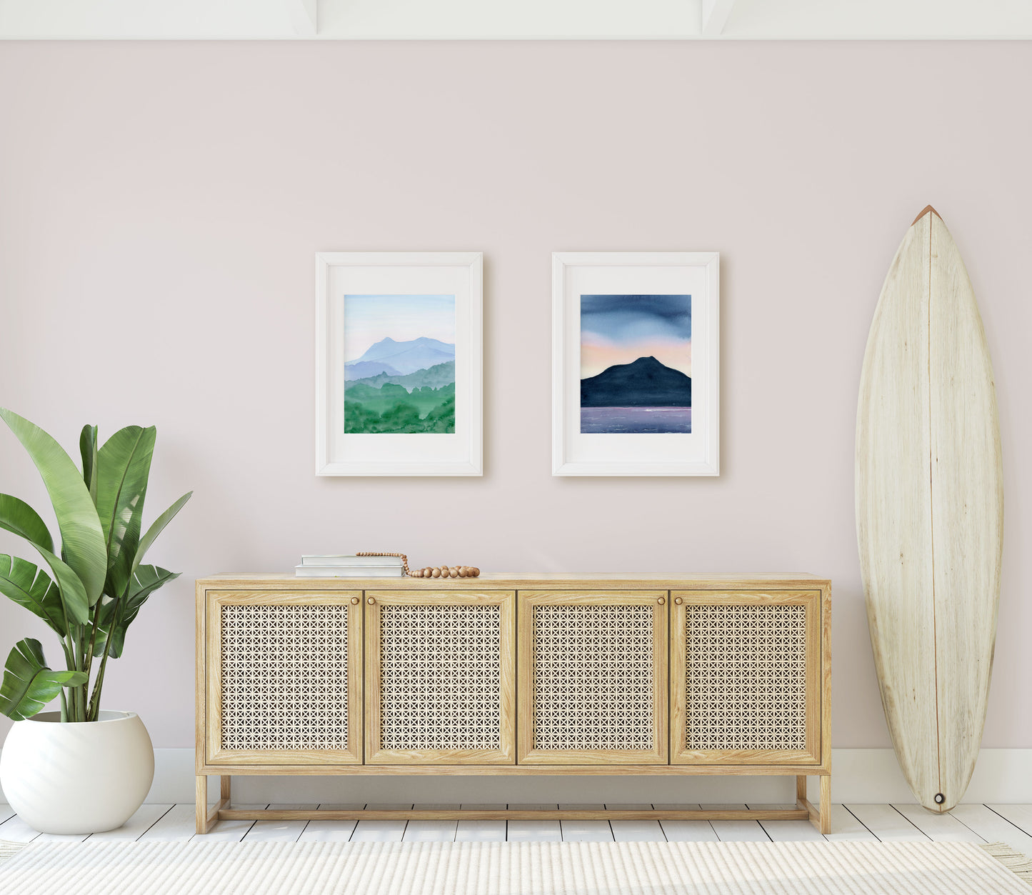 Watercolor Landscape Giclée Art Prints shown in an entry way.