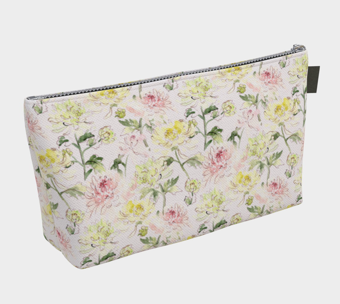 Large Carry All Make Up Bag with denim lining. Chrysanthemum floral pattern. Back view.