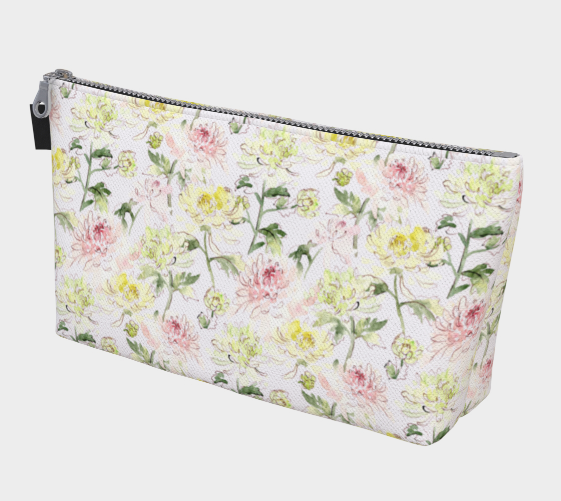 Large Carry All Make Up Bag with denim lining. Chrysanthemum floral pattern. Front view.