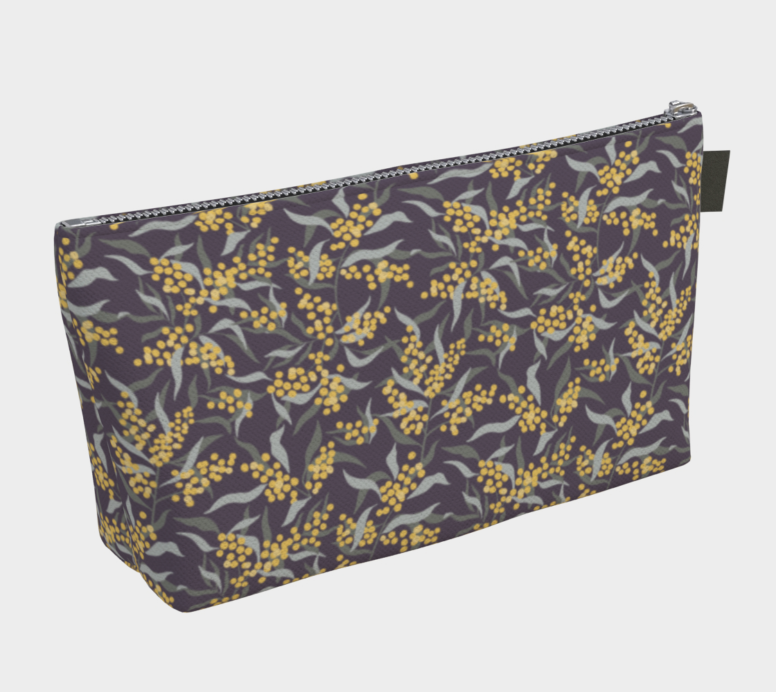 Large Carry All Make Up Bag with denim lining. Mimosa Tree dark botanical pattern. Back view.