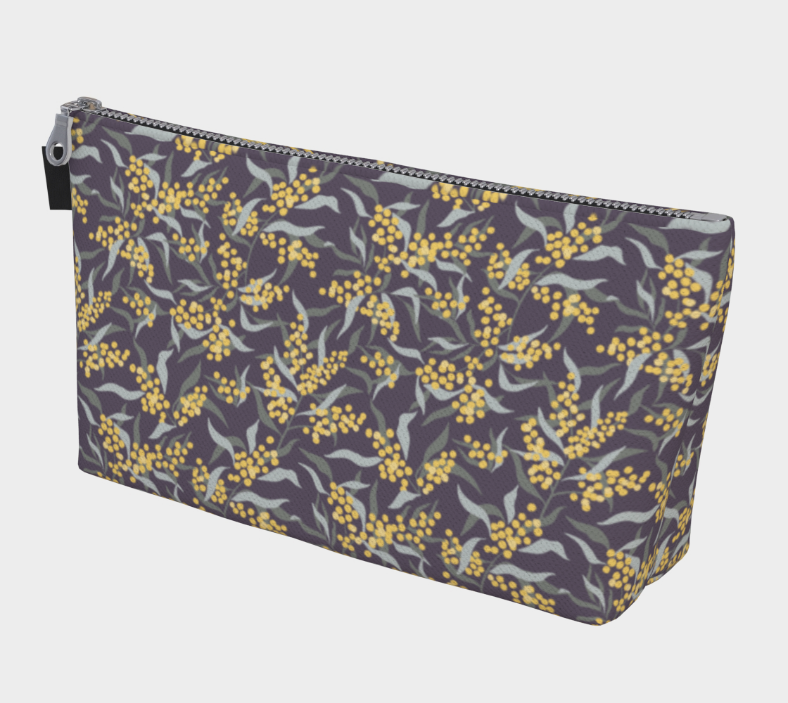 Large Carry All Make Up Bag with denim lining. Mimosa Tree dark botanical pattern. Front view.