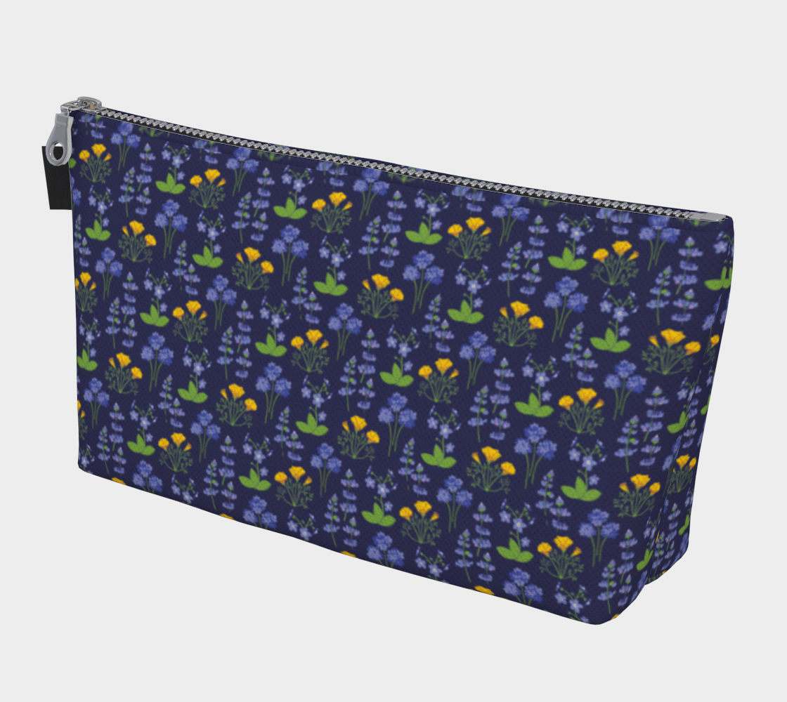 Large Carry All Make Up Bag with denim lining. Dark wildflower floral pattern. Front view.