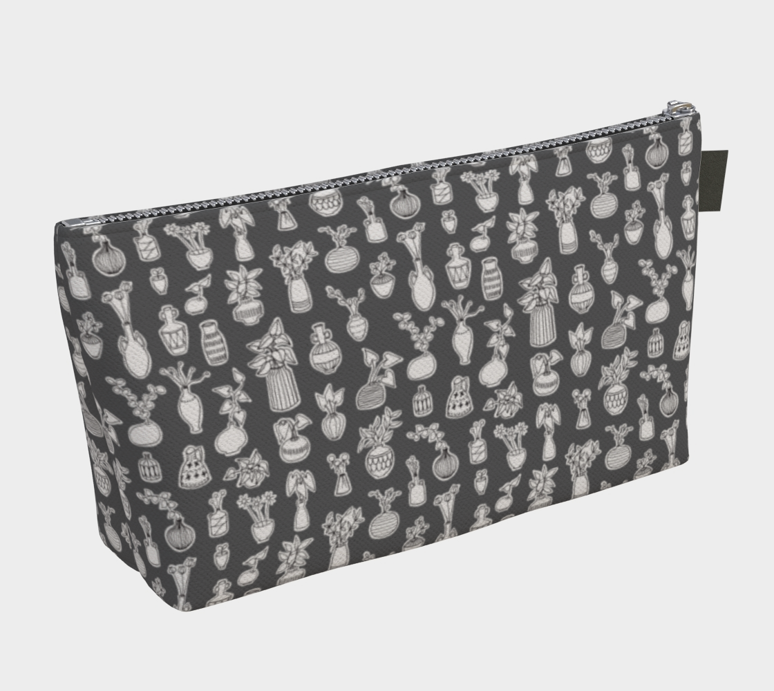 Large Carry All Make Up Bag with denim lining. Gray plant doodle pattern. Back view.