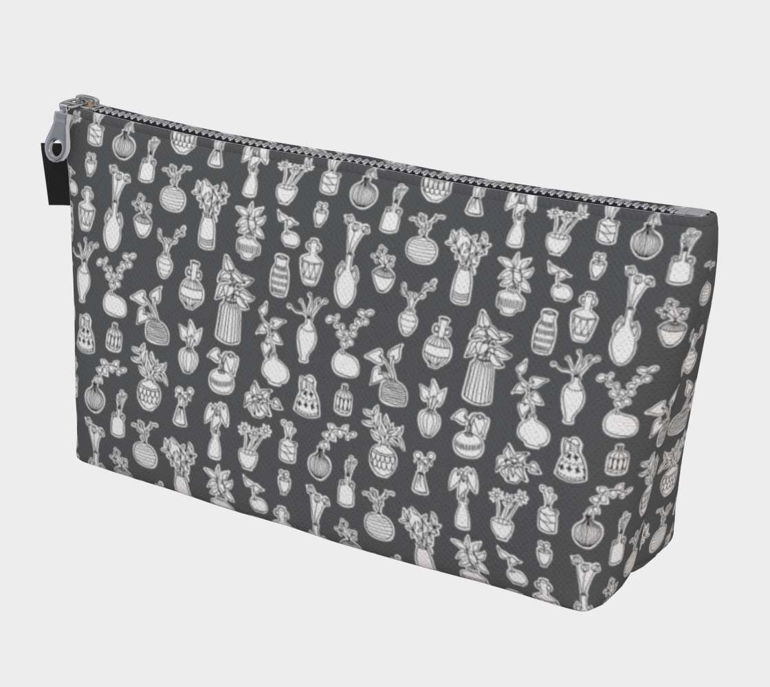 Large Carry All Make Up Bag with denim lining. Gray plant doodle pattern. Front view.