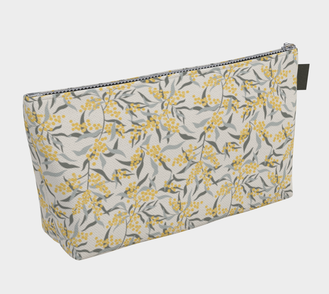 Large Carry All Make Up Bag with denim lining. Mimosa Tree light botanical pattern. Back view.