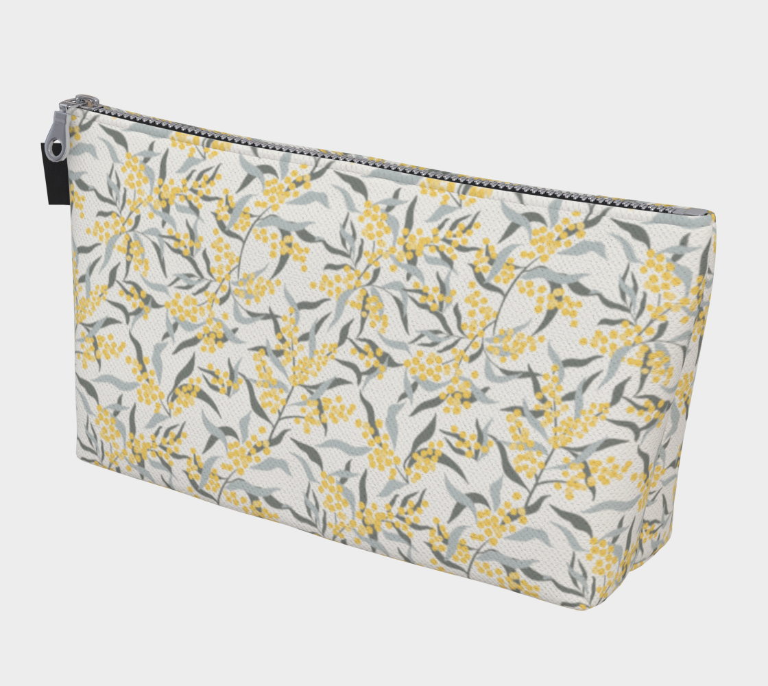 Large Carry All Make Up Bag with denim lining. Mimosa Tree light botanical pattern. Front view.