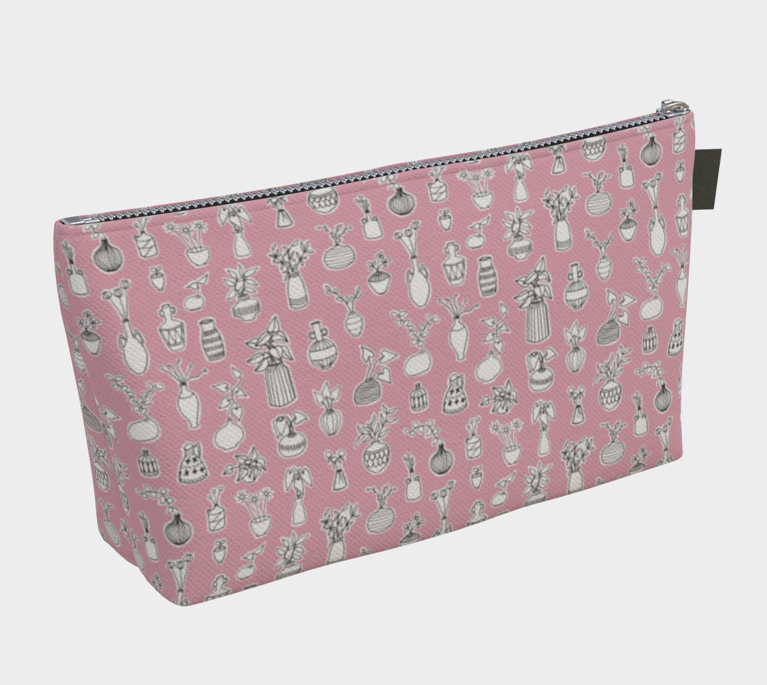 Large Carry All Make Up Bag with denim lining. Pink plant doodle pattern. Back view.