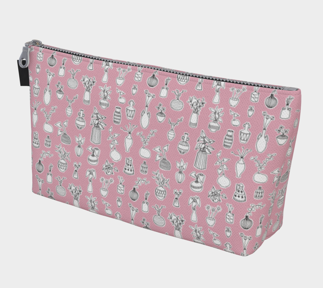 Large Carry All Make Up Bag with denim lining. Pink plant doodle pattern. Front view.