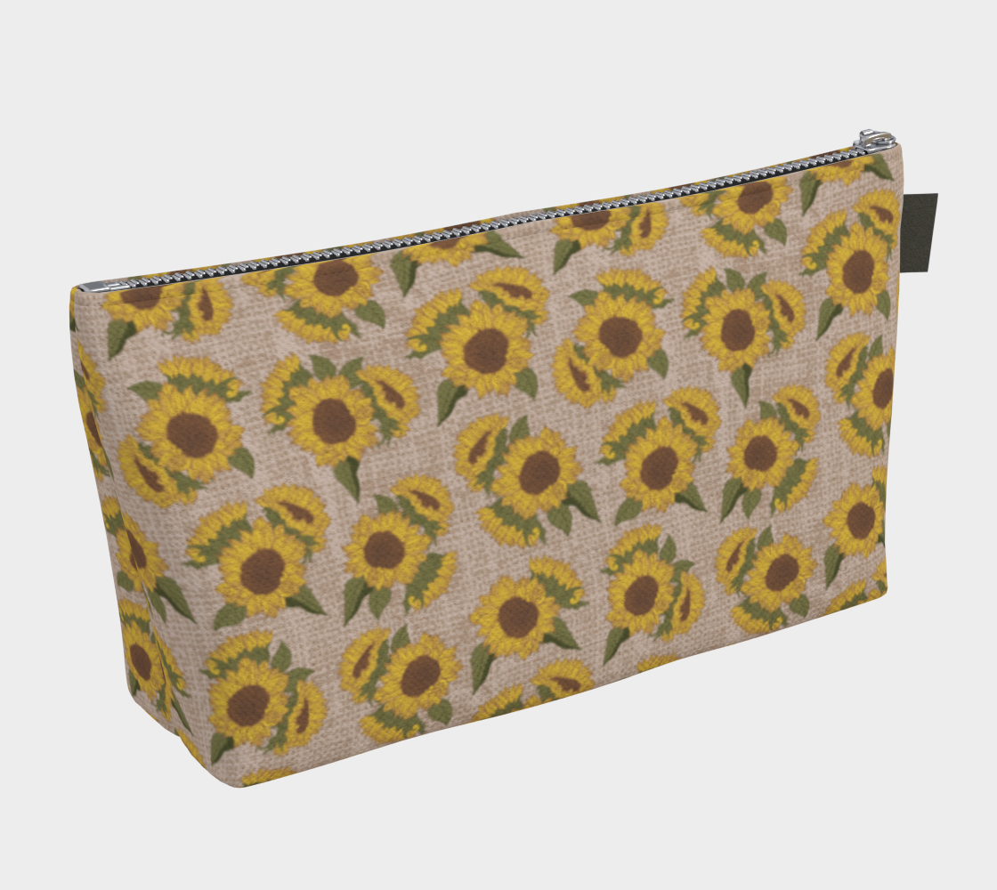 Large Carry All Make Up Bag with denim lining. Sunflower floral pattern. Back view.