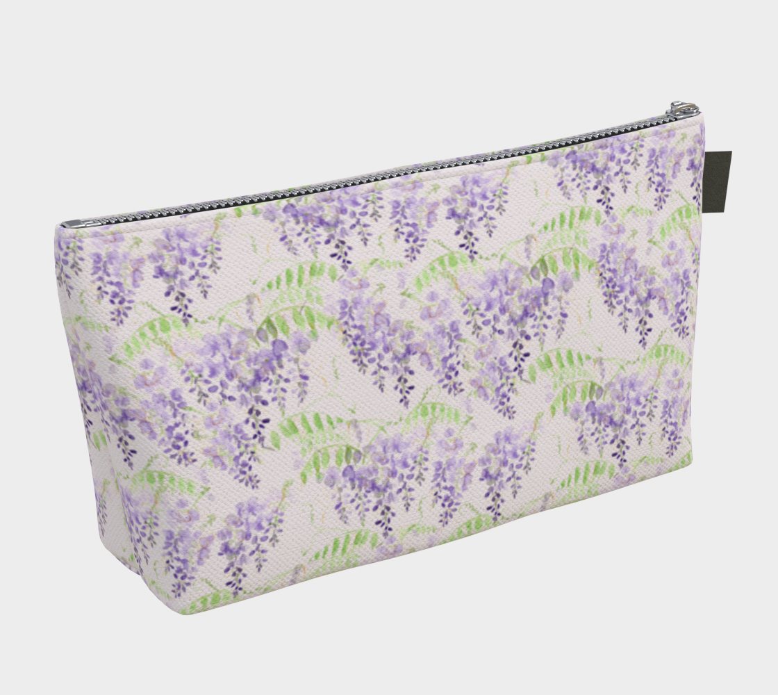 Large Carry All Make Up Bag with denim lining. Wisteria floral pattern. Back View.