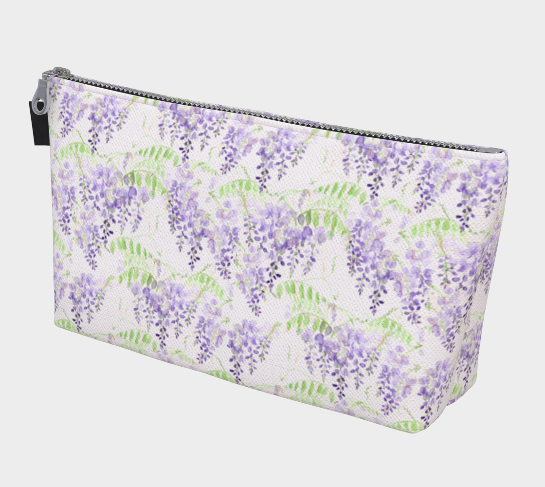 Large Carry All Make Up Bag with denim lining. Wisteria floral pattern. Front View.