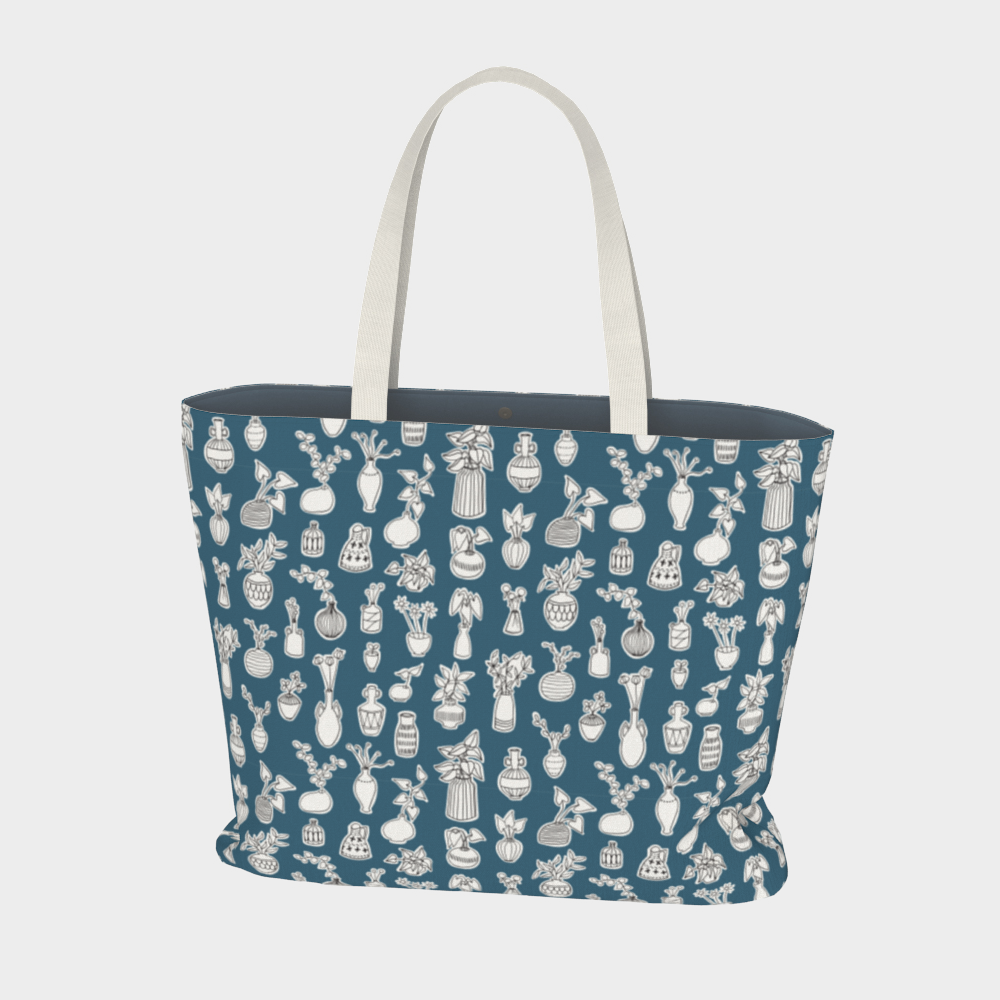 Oversized Fully Lined Cotton Tote Bag with sturdy 1 ½ inch strap. Whimsical blue pattern featuring doodles of house plants. Back view.
