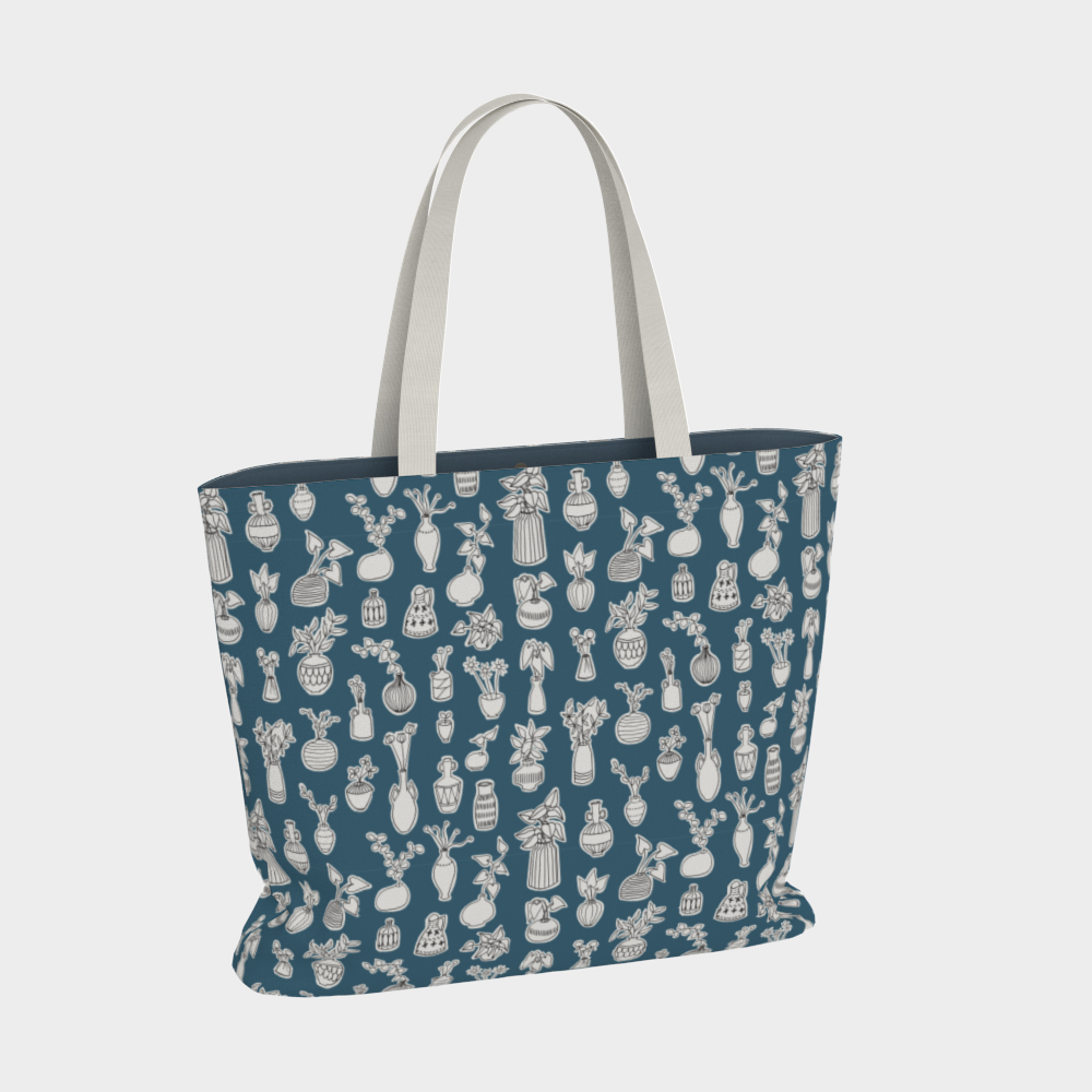 Oversized Fully Lined Cotton Tote Bag with sturdy 1 ½ inch strap. Whimsical blue pattern featuring doodles of house plants. Front view.