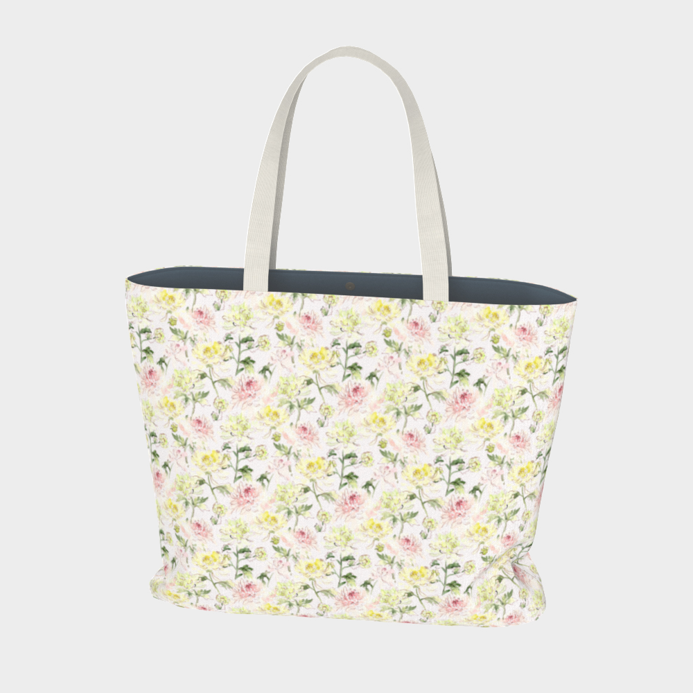Oversized Fully Lined Cotton Tote Bag with sturdy 1 ½ inch strap. Chrysanthemum floral pattern. Back view.
