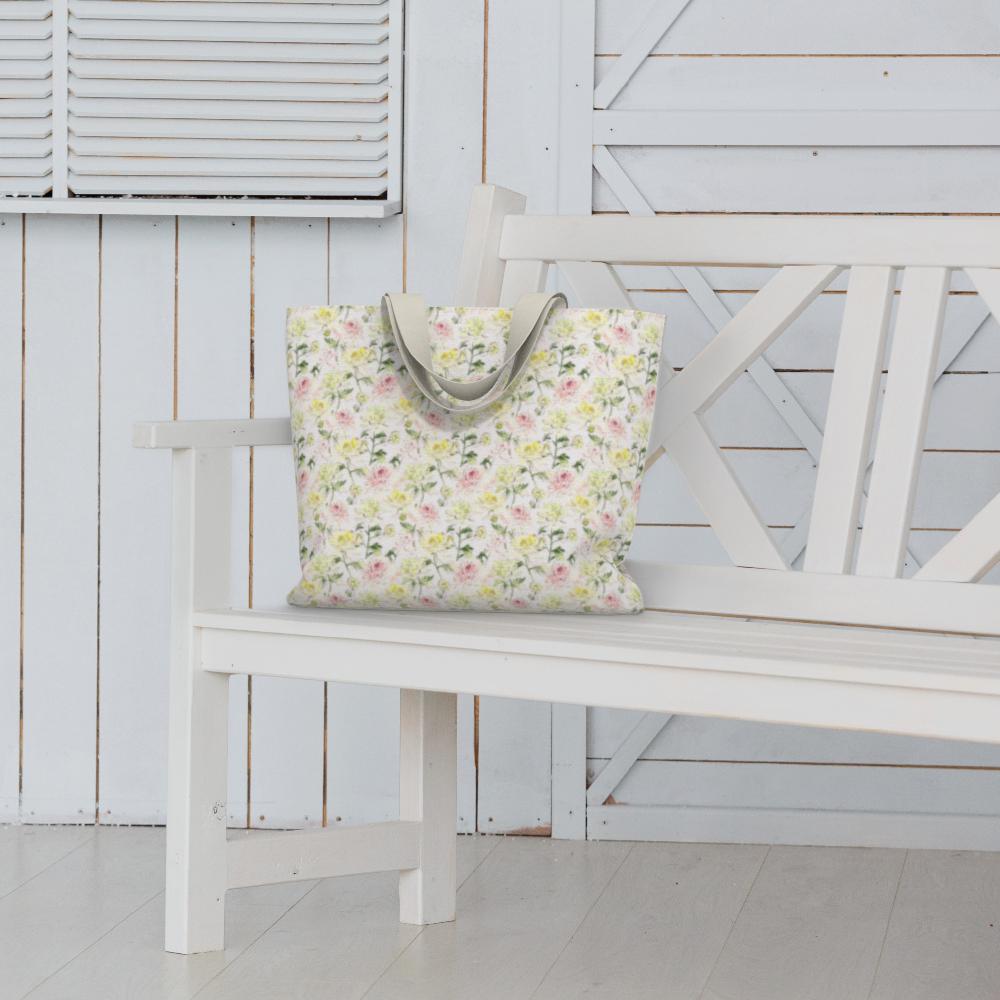 Oversized Fully Lined Cotton Tote Bag with sturdy 1 ½ inch strap. Chrysanthemum floral pattern. Shown on white bench.