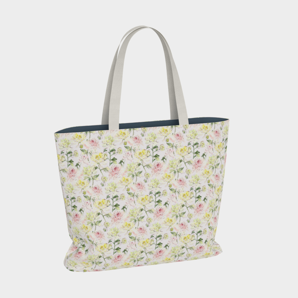 Oversized Fully Lined Cotton Tote Bag with sturdy 1 ½ inch strap. Chrysanthemum floral pattern. Front view.