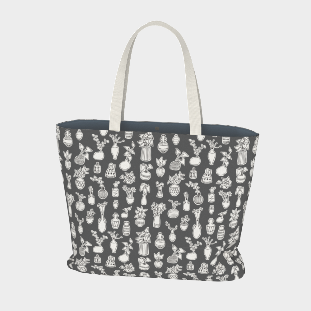 Oversized Fully Lined Cotton Tote Bag with sturdy 1 ½ inch strap. Whimsical gray pattern featuring doodles of house plants. Back view.