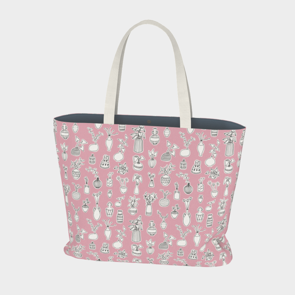 Oversized Fully Lined Cotton Tote Bag with sturdy 1 ½ inch strap. Whimsical pink pattern featuring doodles of house plants. Back view.