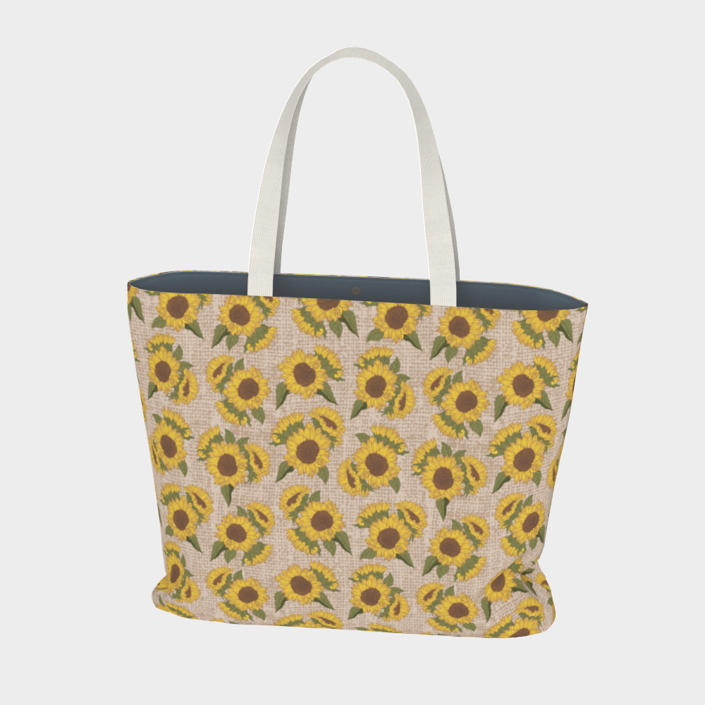 Oversized Fully Lined Cotton Tote Bag with sturdy 1 ½ inch strap. Sunflower floral pattern. Back view.