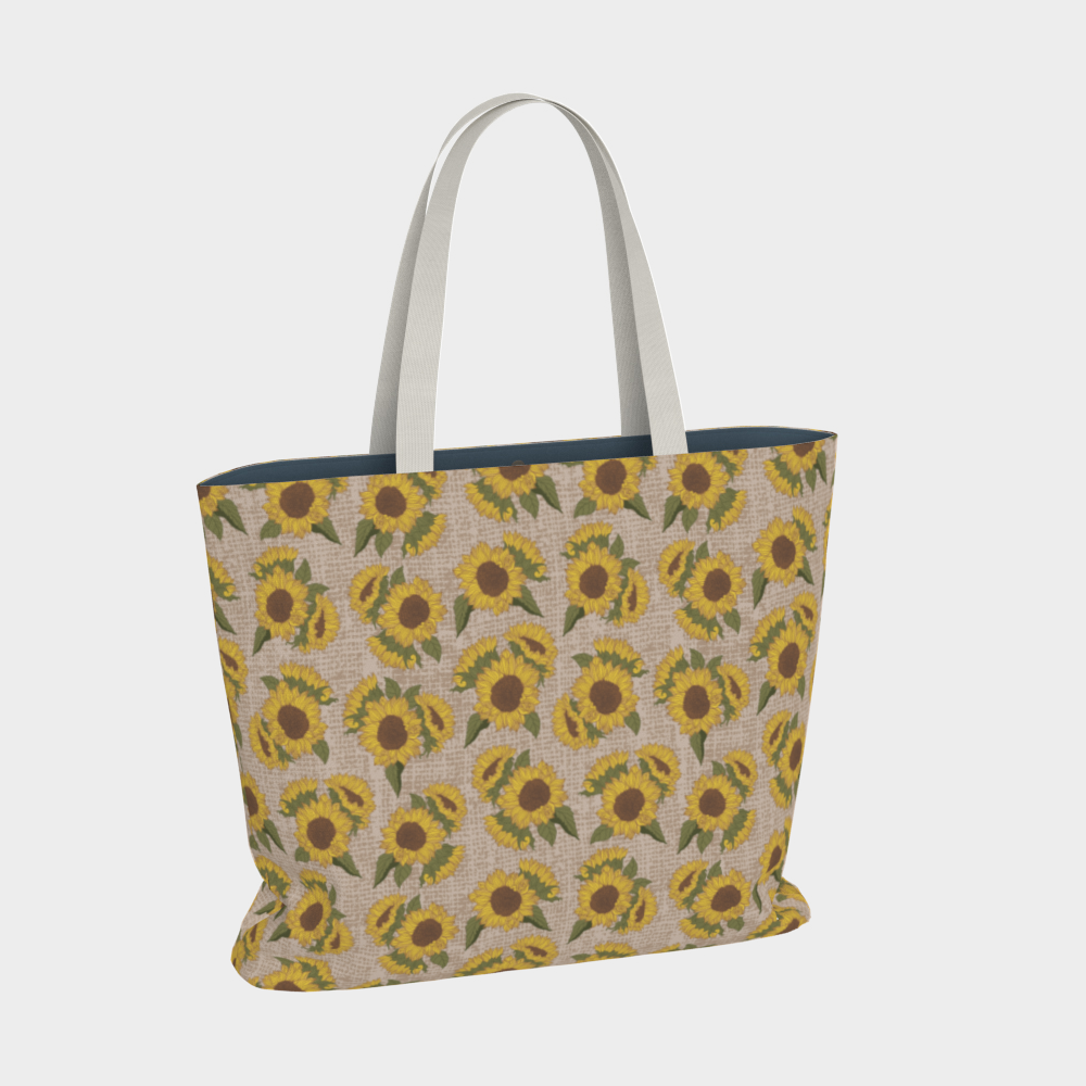 Oversized Fully Lined Cotton Tote Bag with sturdy 1 ½ inch strap. Sunflower floral pattern. Front view.