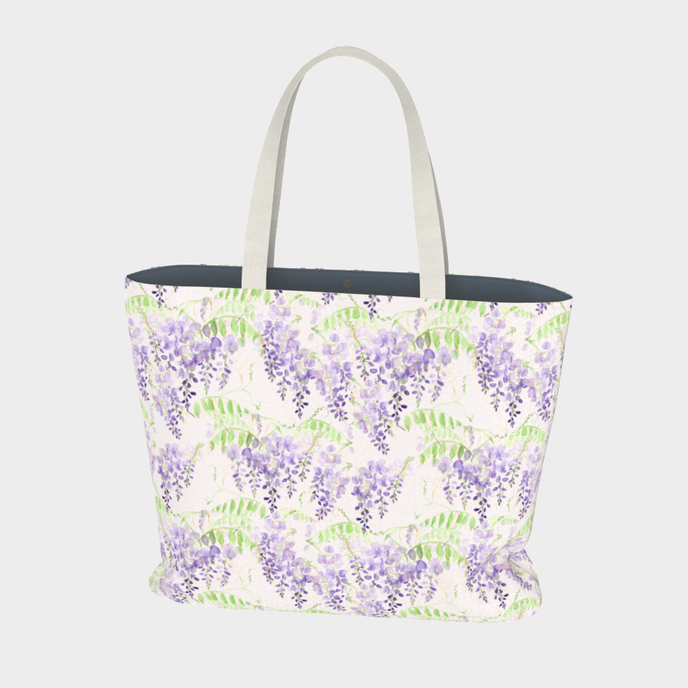 Oversized Fully Lined Cotton Tote Bag with sturdy 1 ½ inch strap. Purple wisteria floral pattern. Back view.