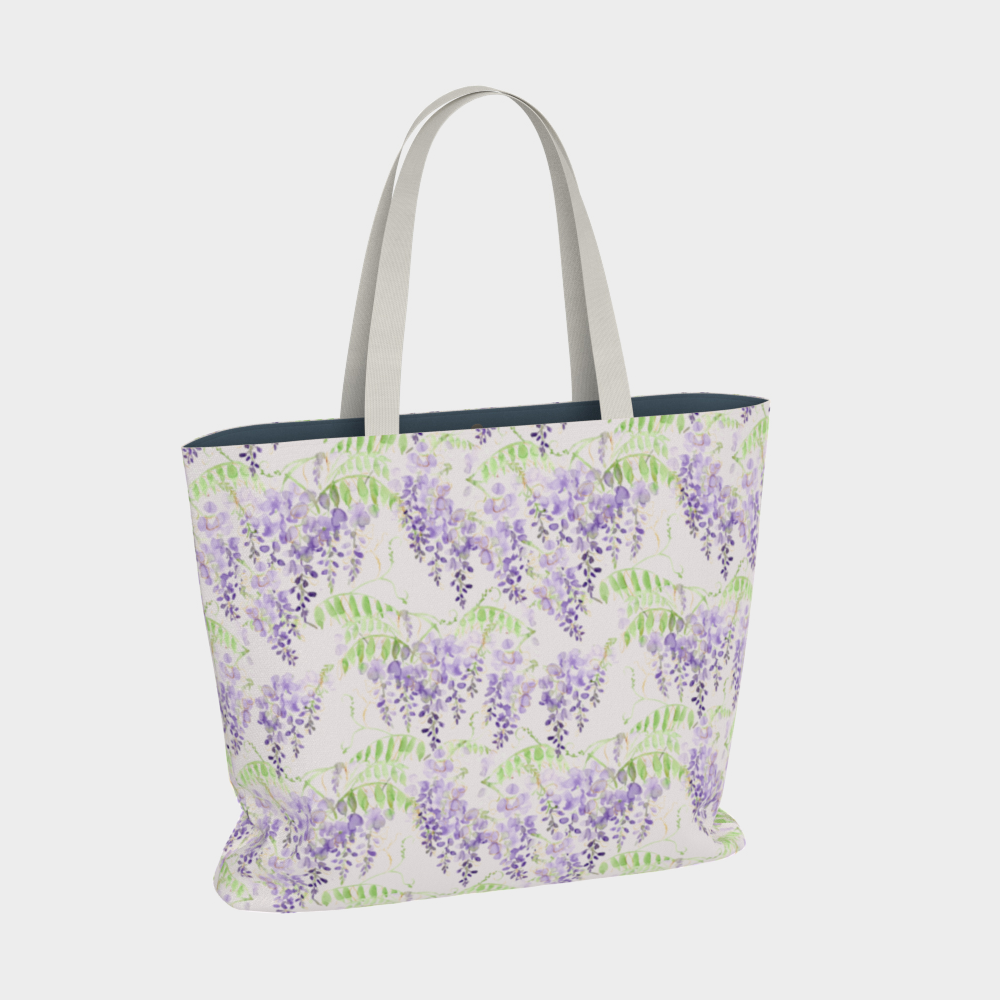 Oversized Fully Lined Cotton Tote Bag with sturdy 1 ½ inch strap. Purple wisteria floral pattern. Front view.