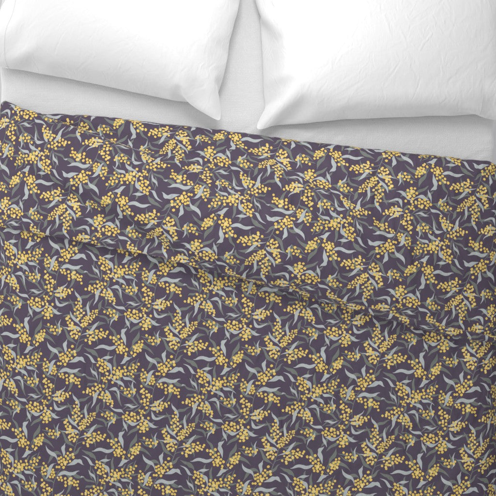 Duvet Cover with Mimosa Pattern in Heather Purple -- top down view