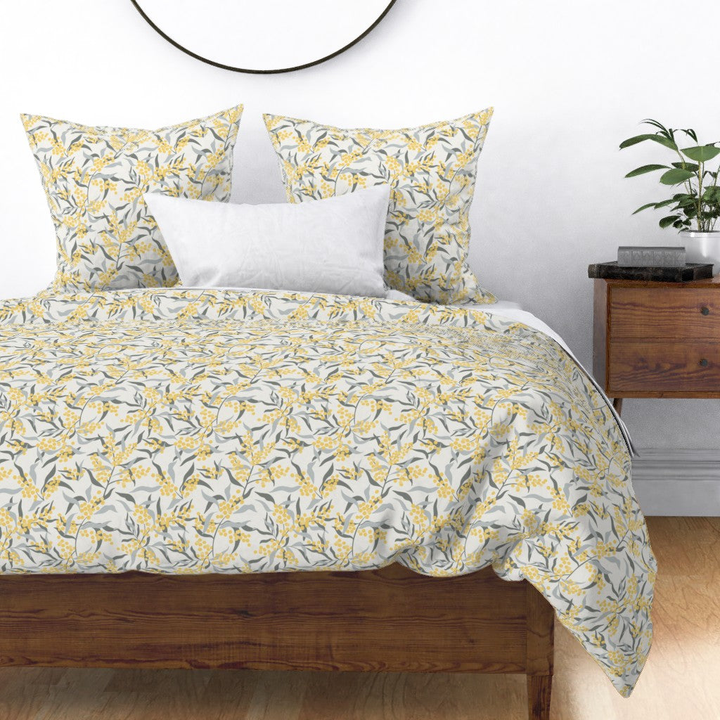 Duvet Cover with Mimosa Pattern in Pale Yellow