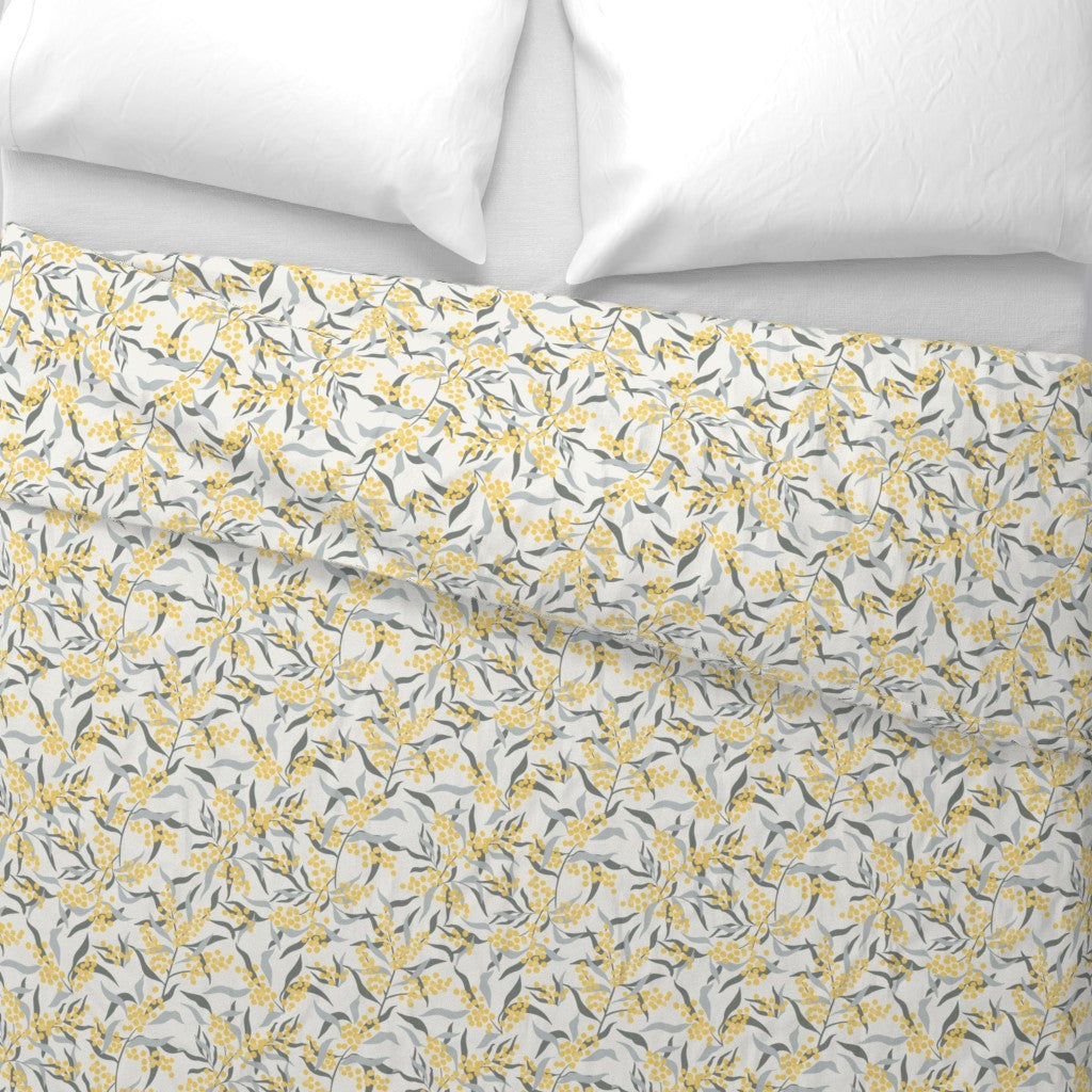 Duvet Cover with Mimosa Pattern in Pale Yellow -- top down view