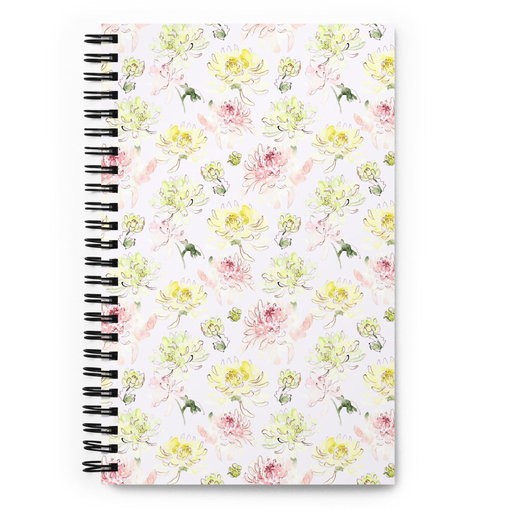 Bullet journal spiral notebook with chrysanthemum pattern. Front cover.