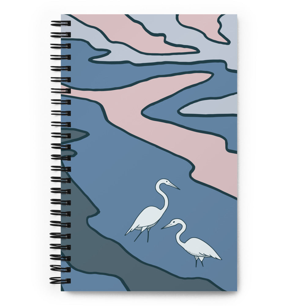 Bullet journal spiral notebook with egret illustration. Front cover.