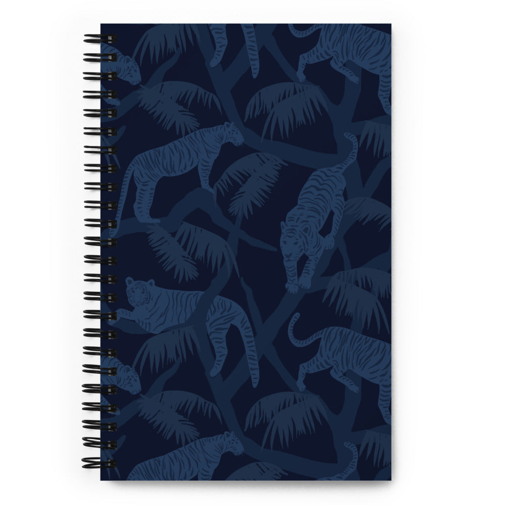 Bullet journal spiral notebook with illustration of tigers in dark blue. Front cover.