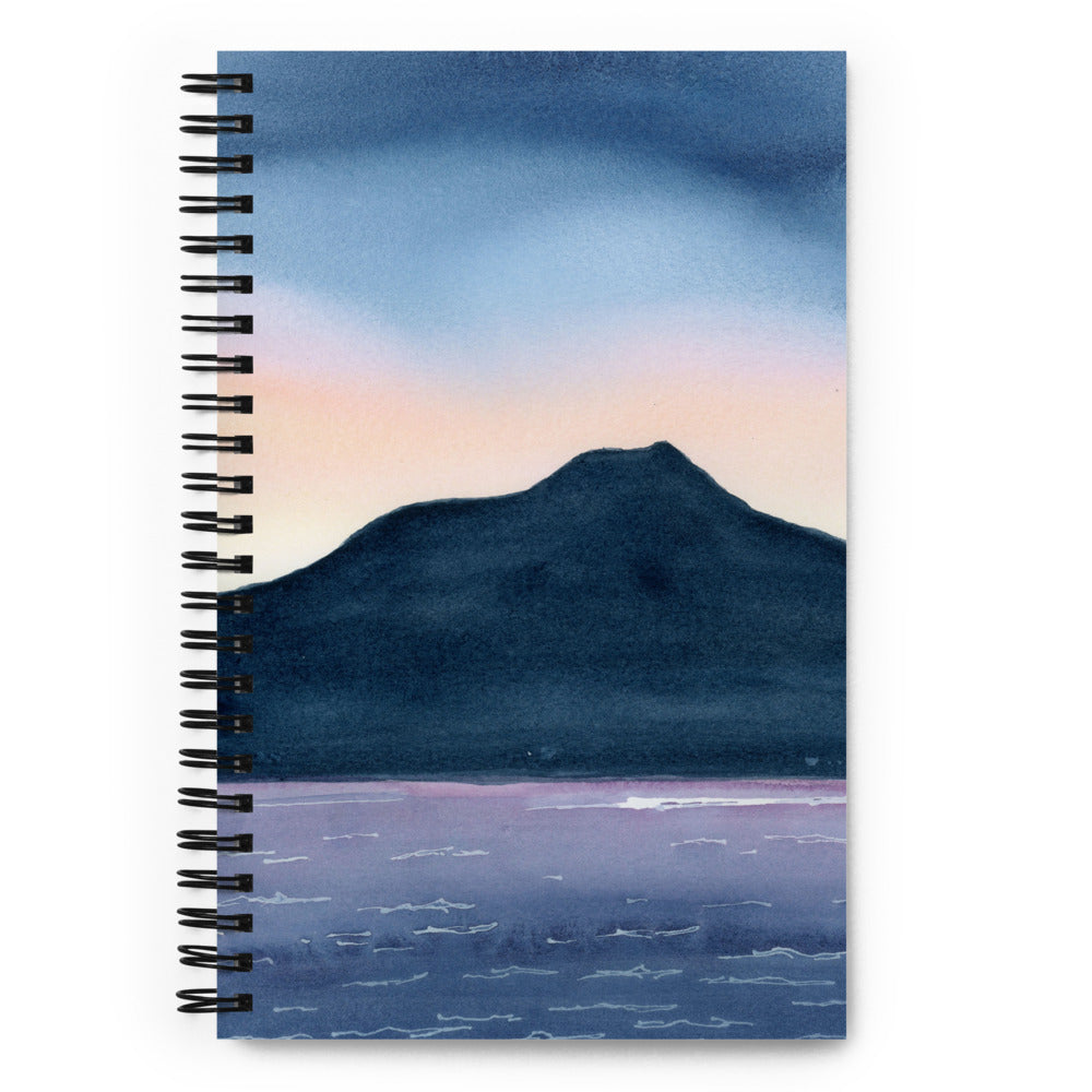 Bullet journal spiral notebook with Mt Tam watercolor landscape at night. Front cover.