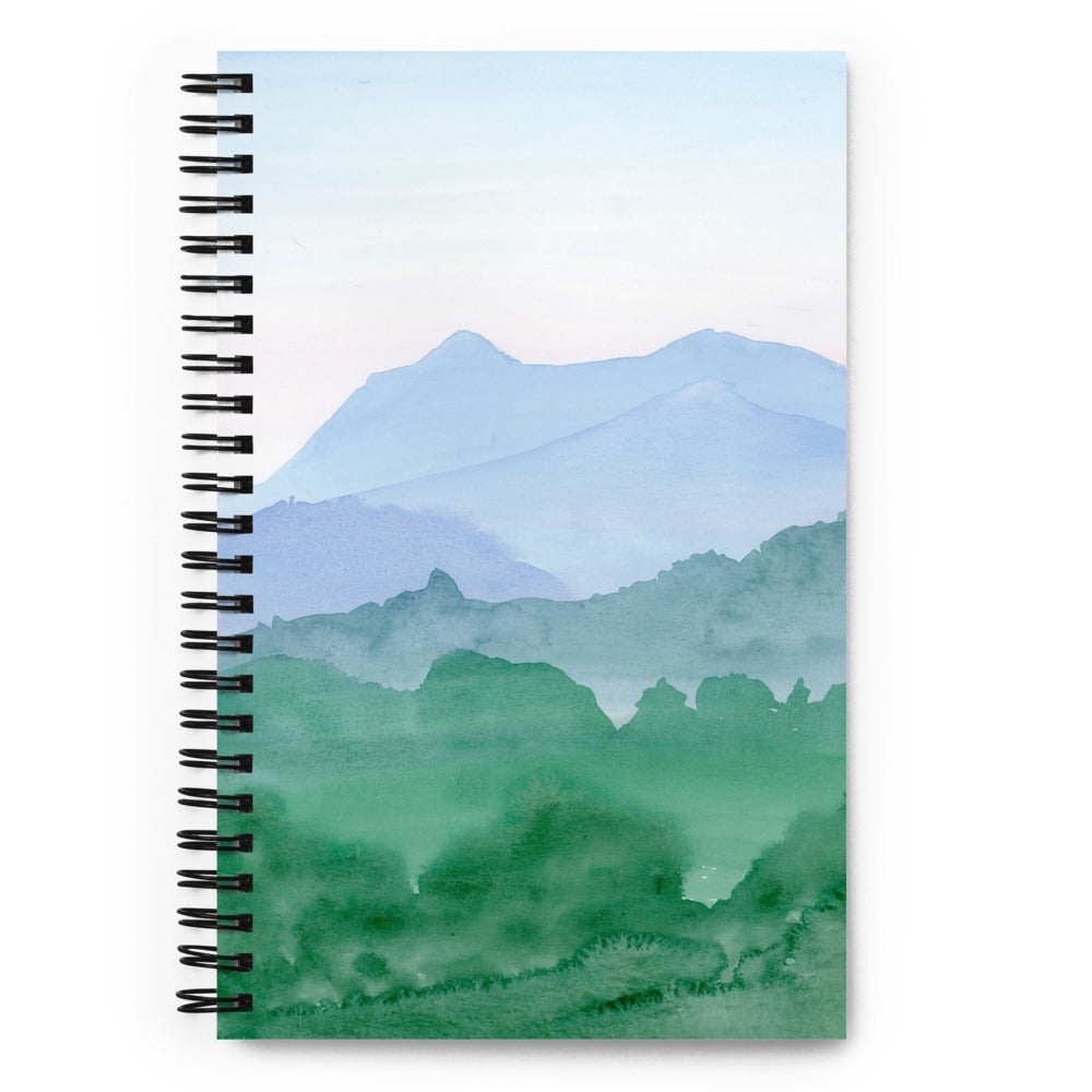 Bullet journal spiral notebook with Mt Tam watercolor landscape illustration. Front cover.