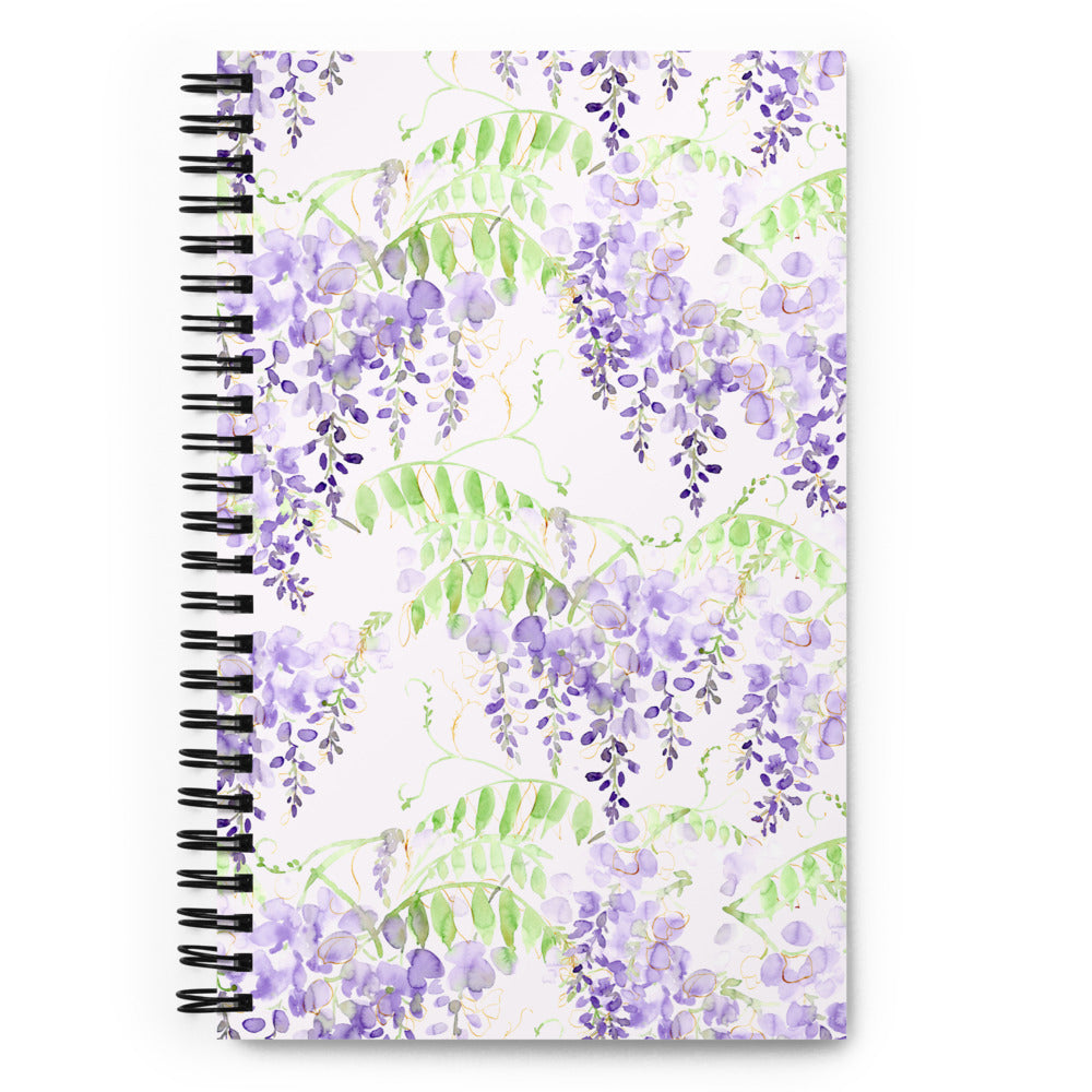 Bullet journal spiral notebook with wisteria illustration. Front cover.