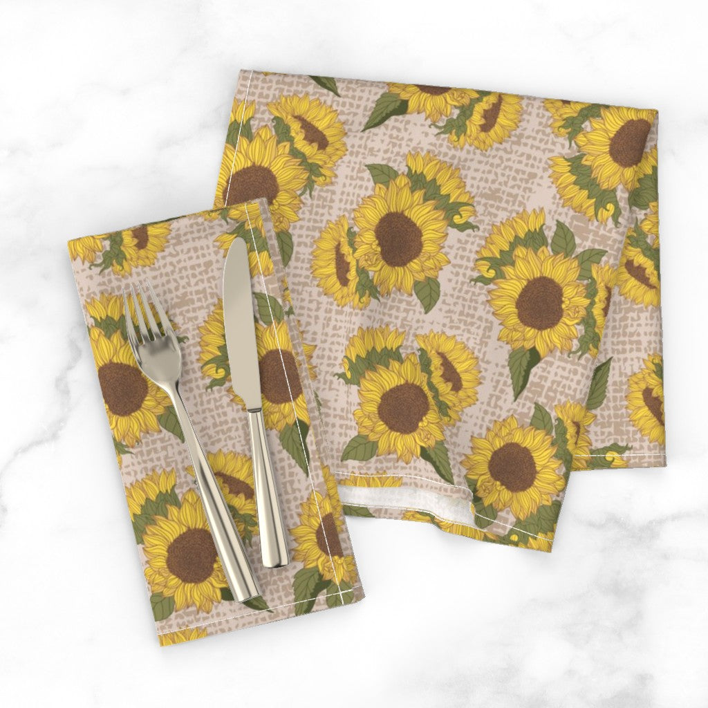 Cloth Napkins - Sunflowers on Burlap