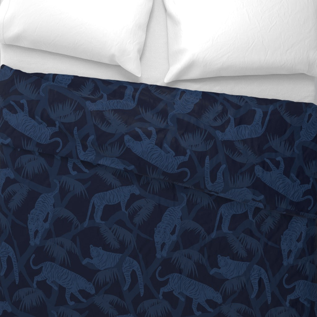 Duvet Cover with Midnight Tigers Pattern in Navy Blue -- top down view