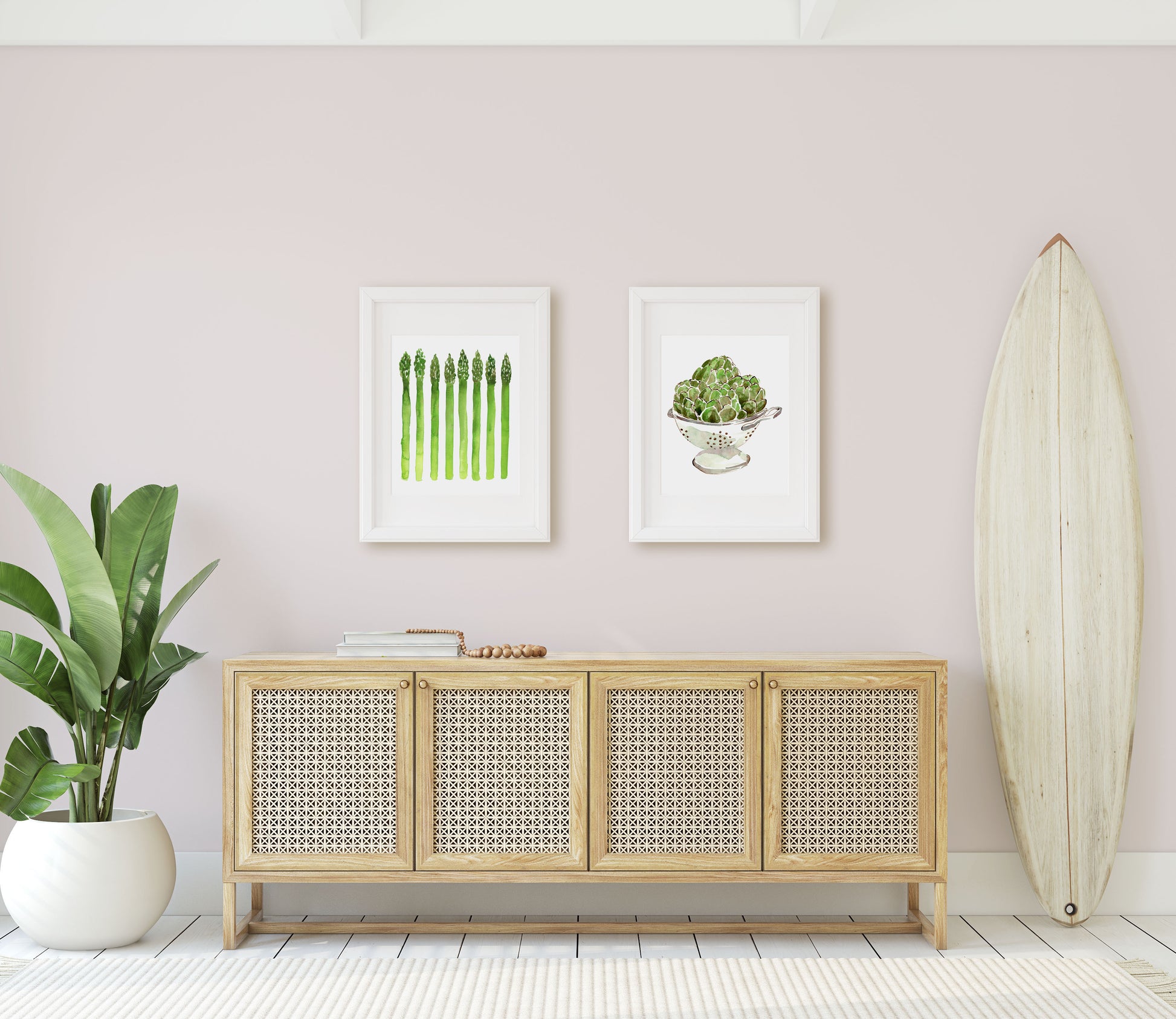 Watercolor Vegetables Giclée Art Prints shown in an entry way.