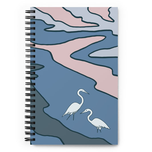 Bullet journal spiral notebook with egret illustration. Front cover. 