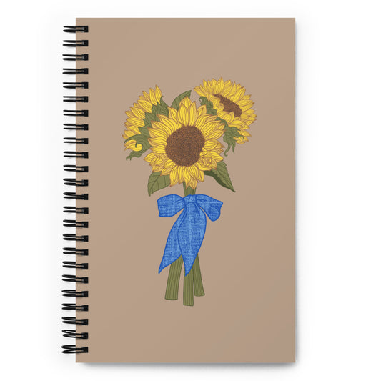 Bullet journal spiral notebook with sunflower bouquet illustration. Front cover. 